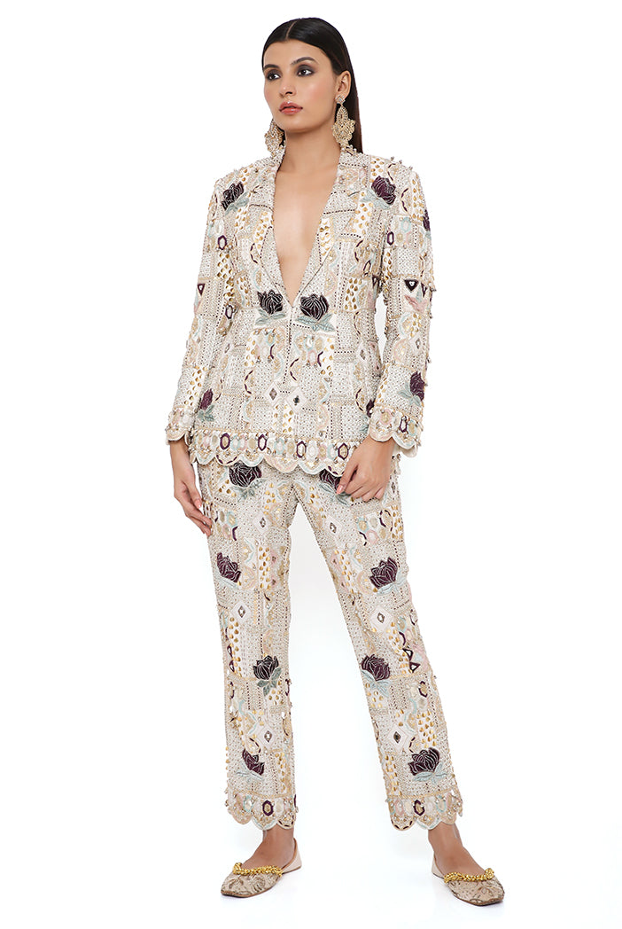 ANAKA OFF WHITE GEORGETTE LOTUS EMBROIDERED BLAZER AND PANTS