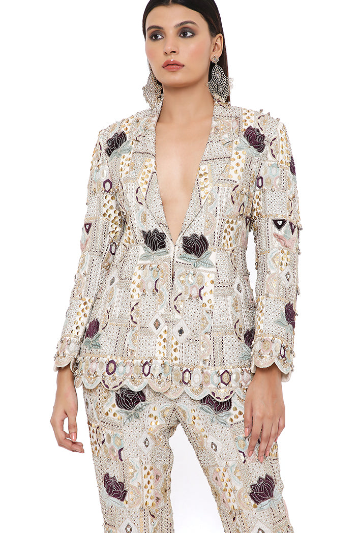 ANAKA OFF WHITE GEORGETTE LOTUS EMBROIDERED BLAZER AND PANTS