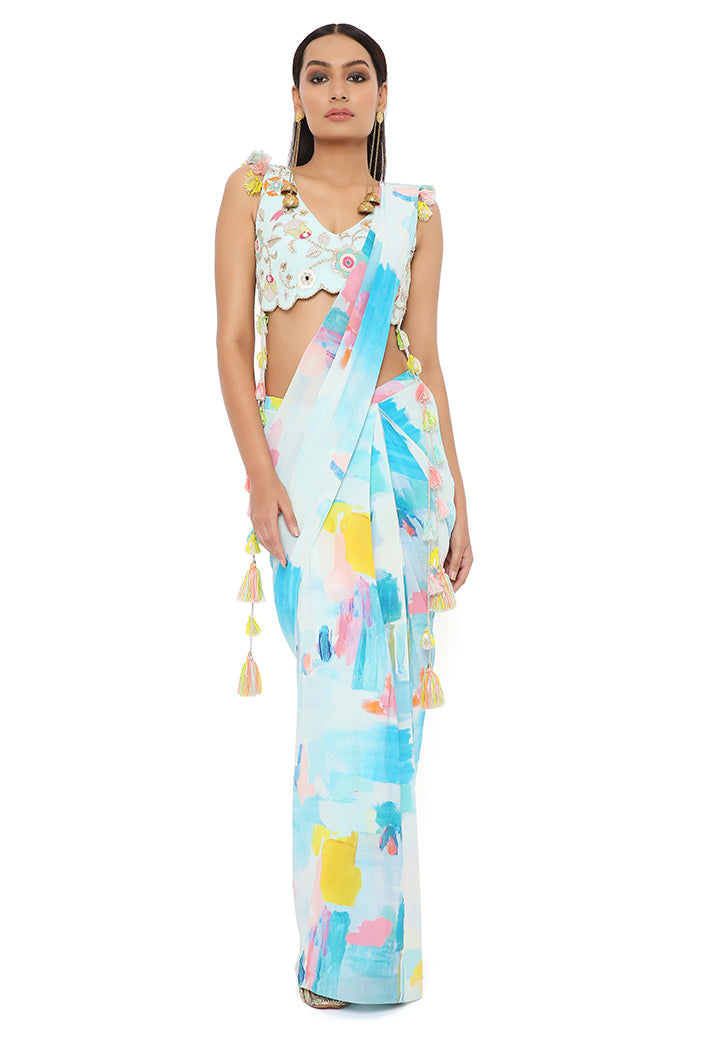 AQUA COLOR GEORGETTE SPRING EMBRODIERED CHOLI WITH PAINTERLY GEORGETTE PRINTED PRE-STITCHED SAREE