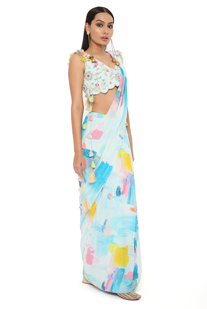AQUA COLOR GEORGETTE SPRING EMBRODIERED CHOLI WITH PAINTERLY GEORGETTE PRINTED PRE-STITCHED SAREE