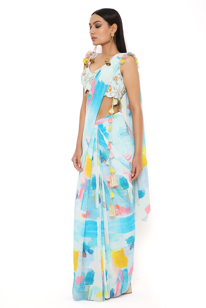 AQUA COLOR GEORGETTE SPRING EMBRODIERED CHOLI WITH PAINTERLY GEORGETTE PRINTED PRE-STITCHED SAREE