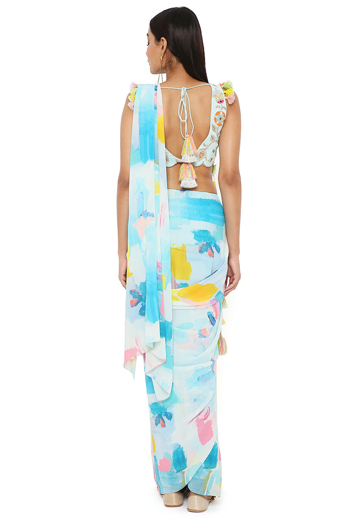 AQUA COLOR GEORGETTE SPRING EMBRODIERED CHOLI WITH PAINTERLY GEORGETTE PRINTED PRE-STITCHED SAREE