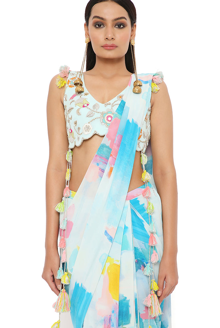 AQUA COLOR GEORGETTE SPRING EMBRODIERED CHOLI WITH PAINTERLY GEORGETTE PRINTED PRE-STITCHED SAREE