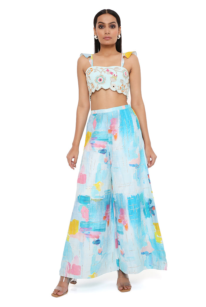 AQUA GEORGETTE EMBROIDERED BUSTIER WITH PAINTERLY DUPION SILK PRINTED EMBROIDERED PALAZZO