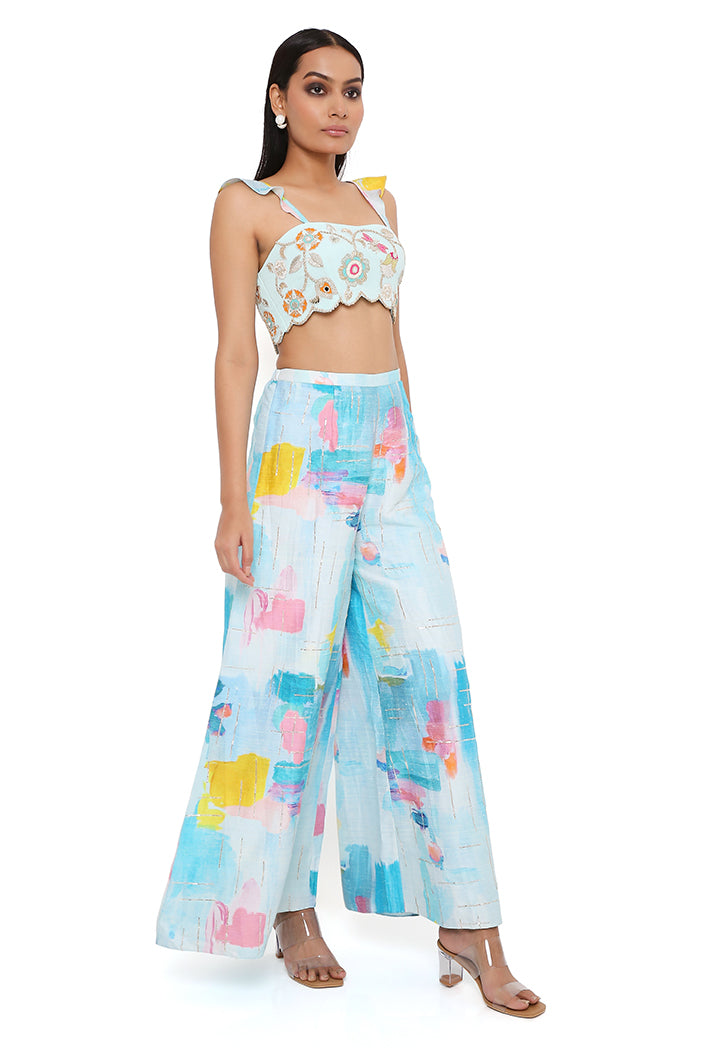 AQUA GEORGETTE EMBROIDERED BUSTIER WITH PAINTERLY DUPION SILK PRINTED EMBROIDERED PALAZZO