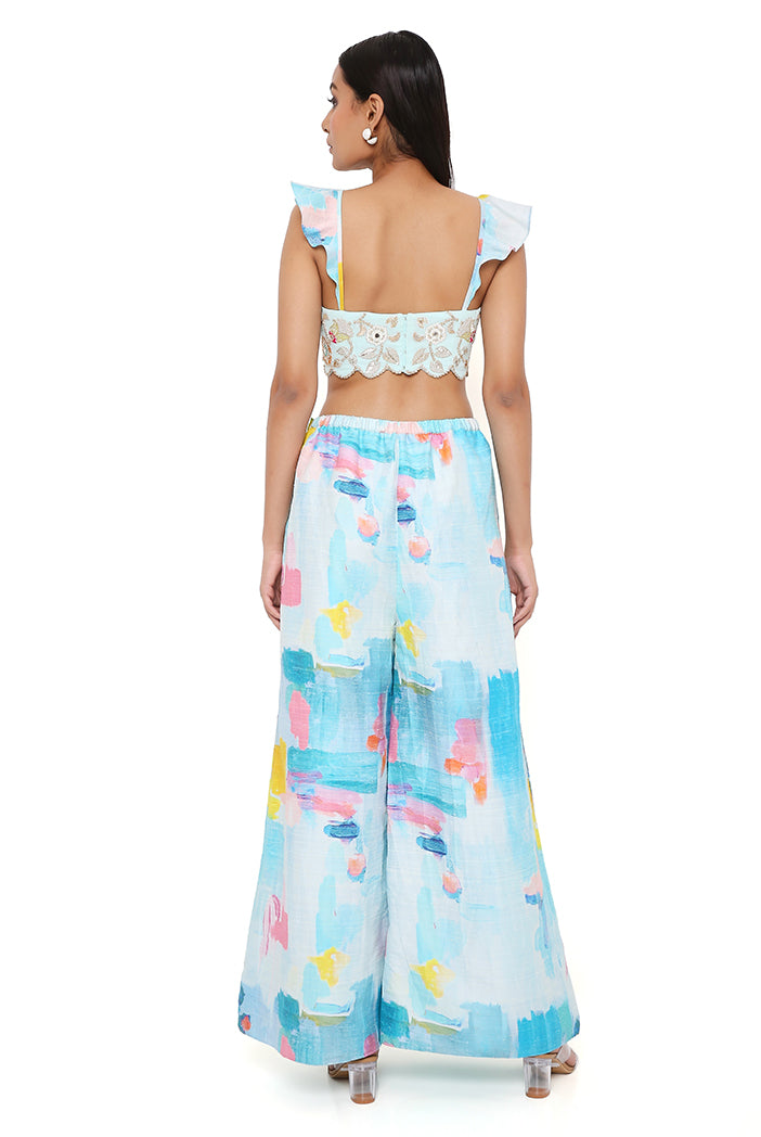 AQUA GEORGETTE EMBROIDERED BUSTIER WITH PAINTERLY DUPION SILK PRINTED EMBROIDERED PALAZZO
