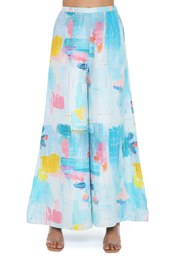 AQUA GEORGETTE EMBROIDERED BUSTIER WITH PAINTERLY DUPION SILK PRINTED EMBROIDERED PALAZZO