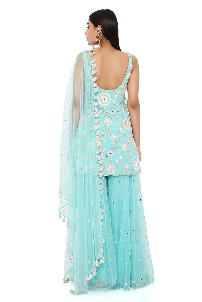AQUA GEORGETTE EMBROIDERED KURTA WITH EMBROIDERED ORGANZA SHARARA AND NET MUKAISH DUPATTA