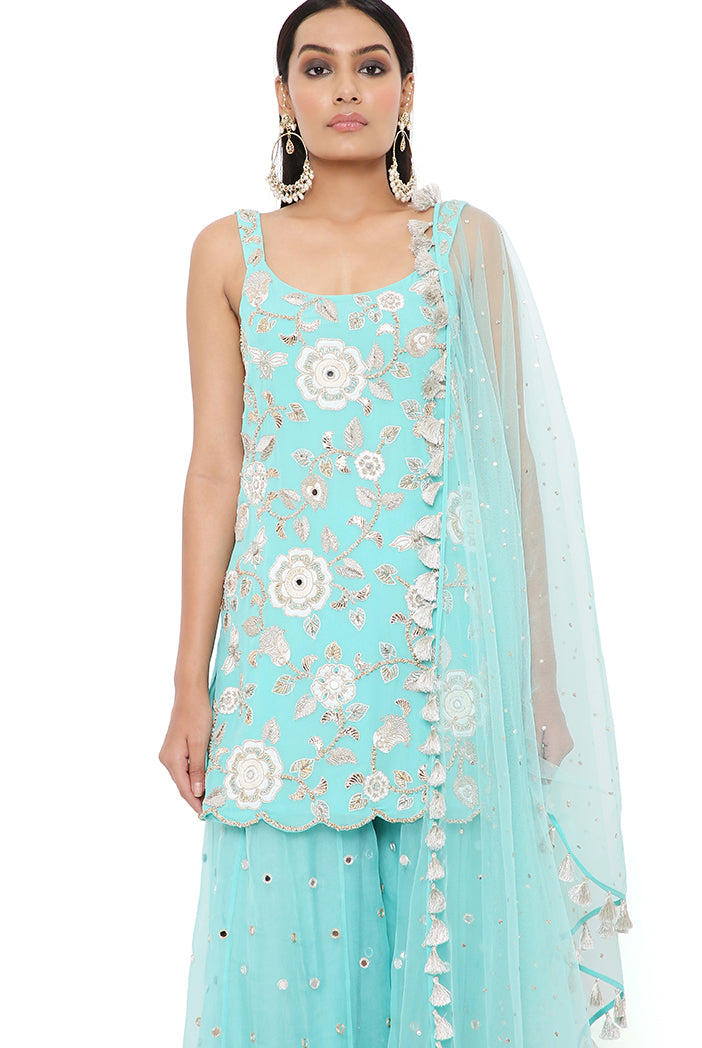 AQUA GEORGETTE EMBROIDERED KURTA WITH EMBROIDERED ORGANZA SHARARA AND NET MUKAISH DUPATTA