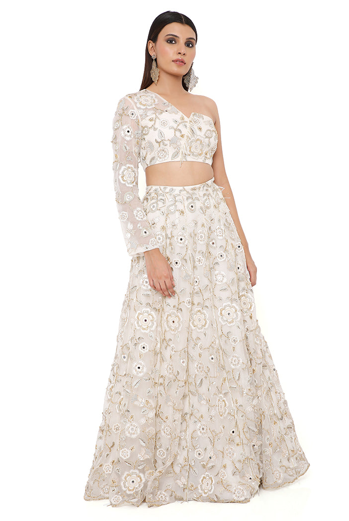 ARIKA OFF WHITE ORGANZA EMBROIDERED ONE SHOULDER TOP AND LEHENGA