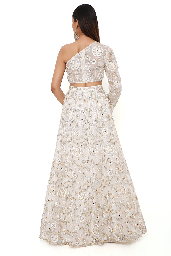 ARIKA OFF WHITE ORGANZA EMBROIDERED ONE SHOULDER TOP AND LEHENGA