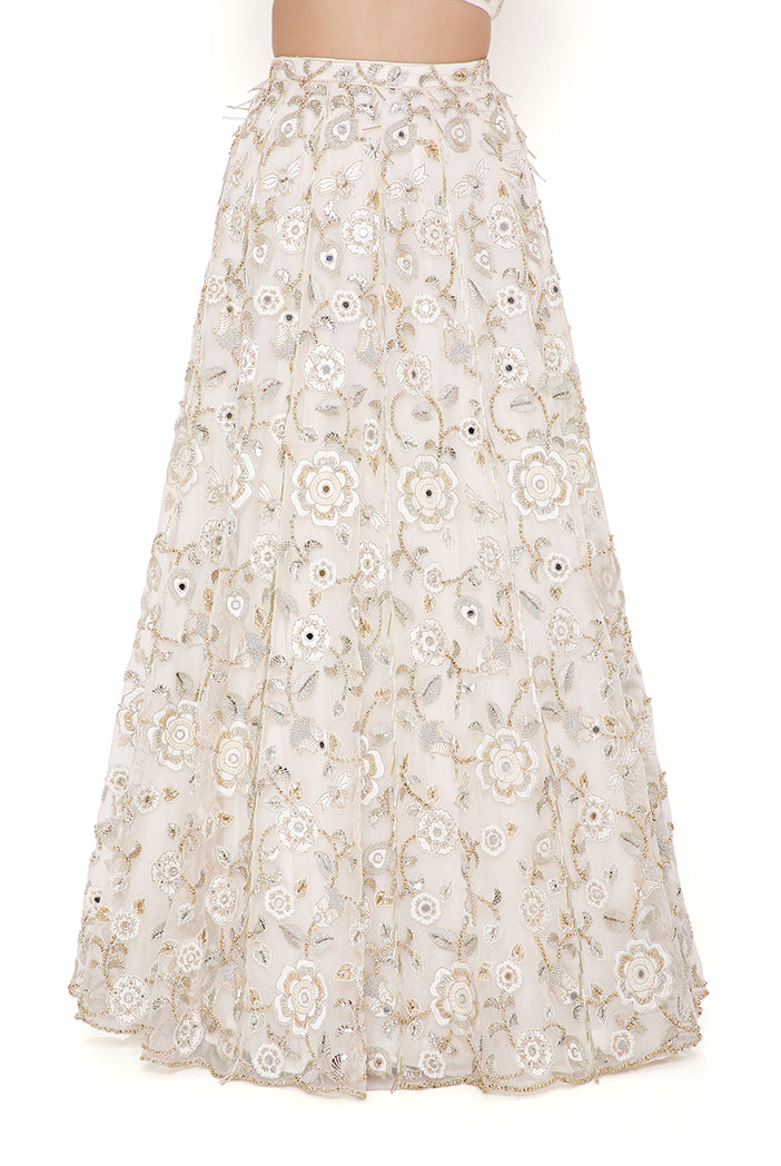 ARIKA OFF WHITE ORGANZA EMBROIDERED ONE SHOULDER TOP AND LEHENGA