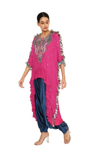 Asta Hot Pink Colour Silk Embroidered High-Low Kaftan With Midnight Blue Colour Salwaar