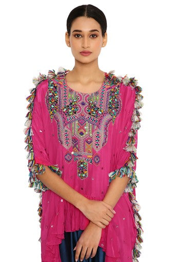 Asta Hot Pink Colour Silk Embroidered High-Low Kaftan With Midnight Blue Colour Salwaar