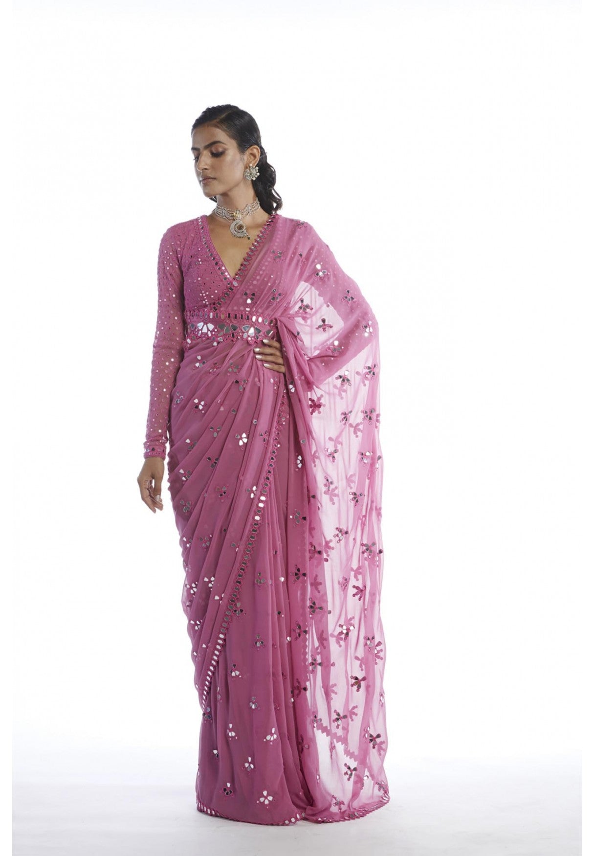 Dark Blush Mirror Cut-Work Saree