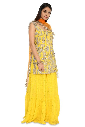 Banuka Yellow Colour Georgette Embroidered Kurta With Georgette Sharara And Net Dupatta