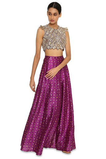 Belle Purple Colour Georgette Embroidered Choli With Purple Bandhani Skirt And Onion Pink Colour Bandhani Low Crotch Pants