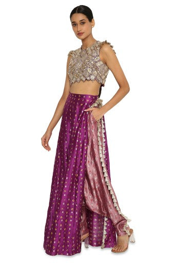 Belle Purple Colour Georgette Embroidered Choli With Purple Bandhani Skirt And Onion Pink Colour Bandhani Low Crotch Pants