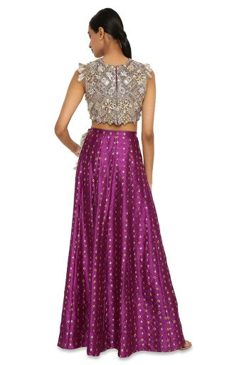 Belle Purple Colour Georgette Embroidered Choli With Purple Bandhani Skirt And Onion Pink Colour Bandhani Low Crotch Pants