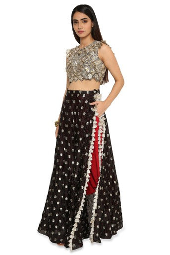 Bianca Black Colour Embroidered Choli With Black Bandhani Skirt And Maroon Colour Low Crotch Pants