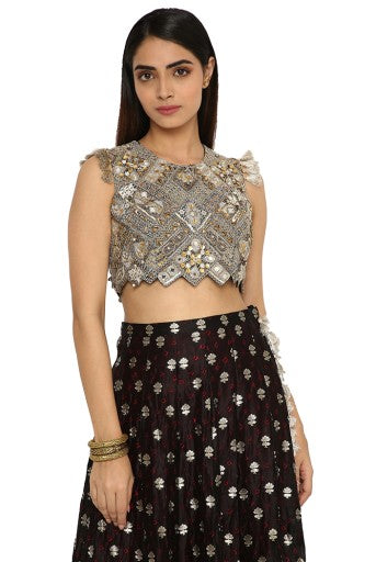 Bianca Black Colour Embroidered Choli With Black Bandhani Skirt And Maroon Colour Low Crotch Pants
