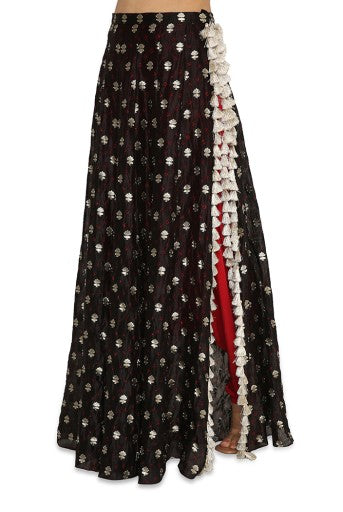 Bianca Black Colour Embroidered Choli With Black Bandhani Skirt And Maroon Colour Low Crotch Pants