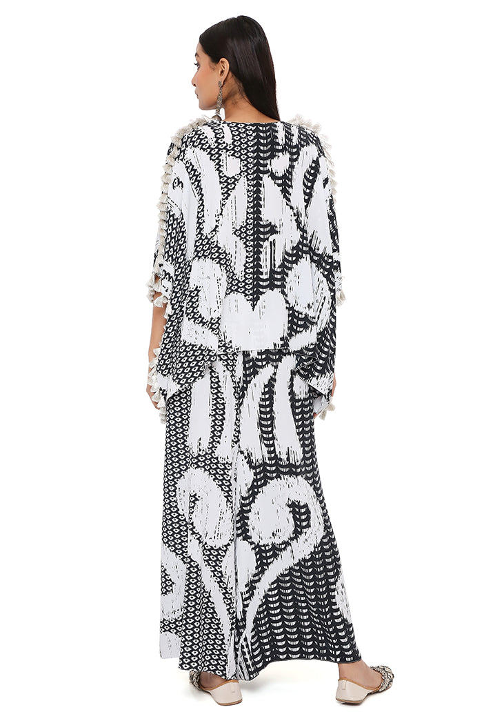 BLACK AND WHITE UZBEK PRINT CREPE KAFTAN WITH PALAZZO SET