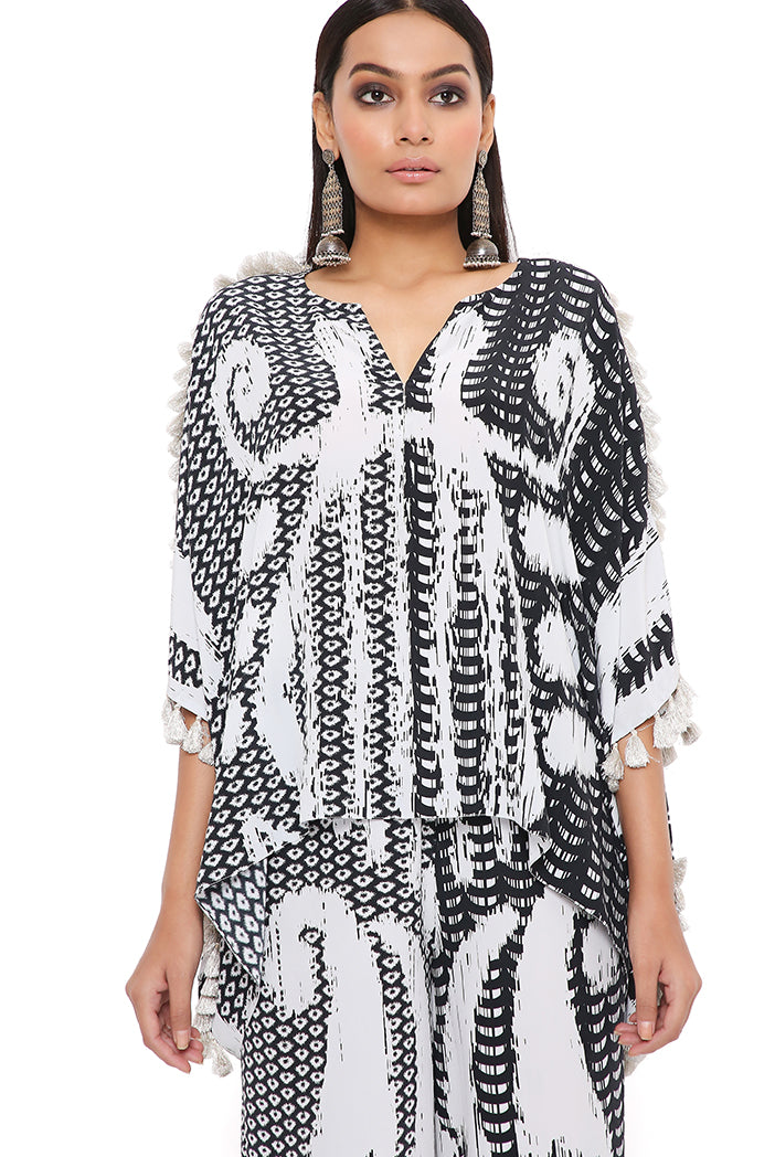 BLACK AND WHITE UZBEK PRINT CREPE KAFTAN WITH PALAZZO SET