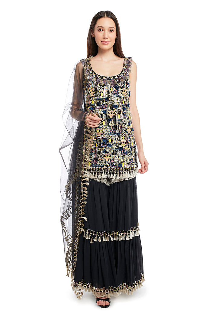 Black Multi-Color Embroidered Sharara Set