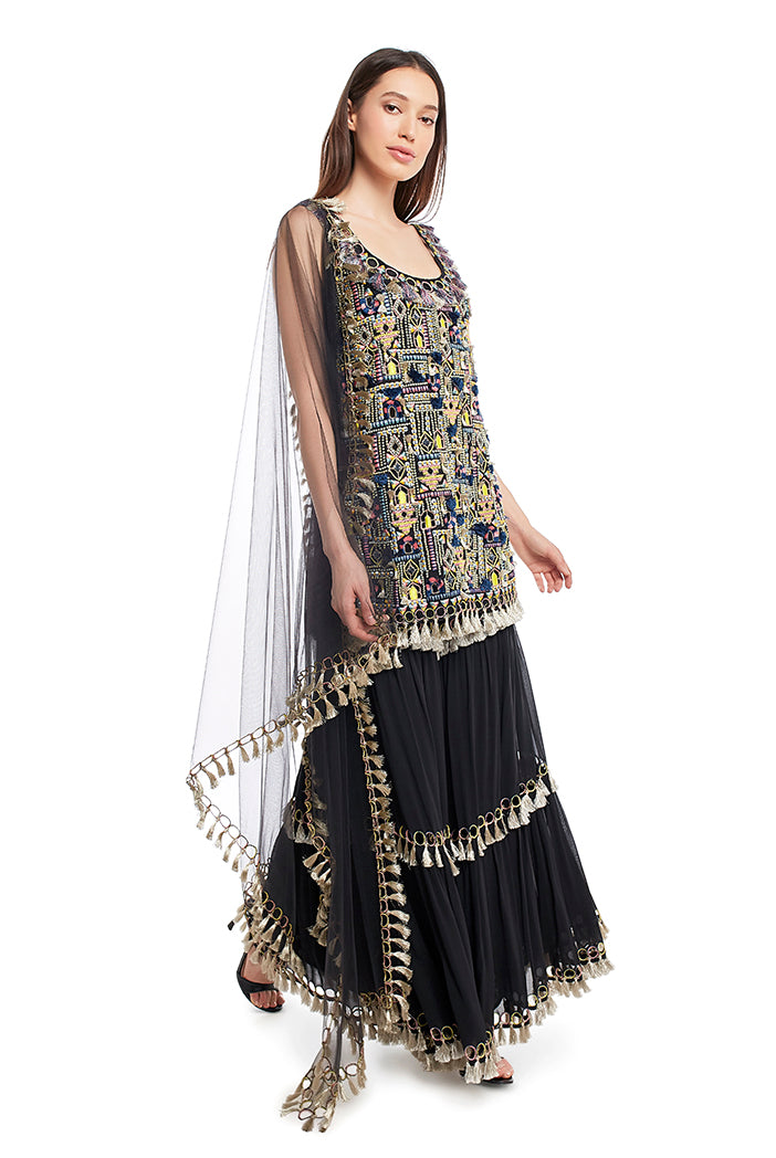 Black Multi-Color Embroidered Sharara Set