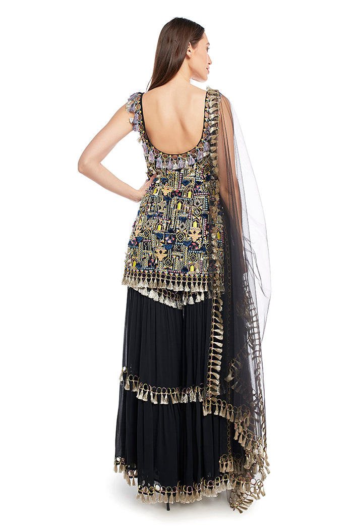 Black Multi-Color Embroidered Sharara Set