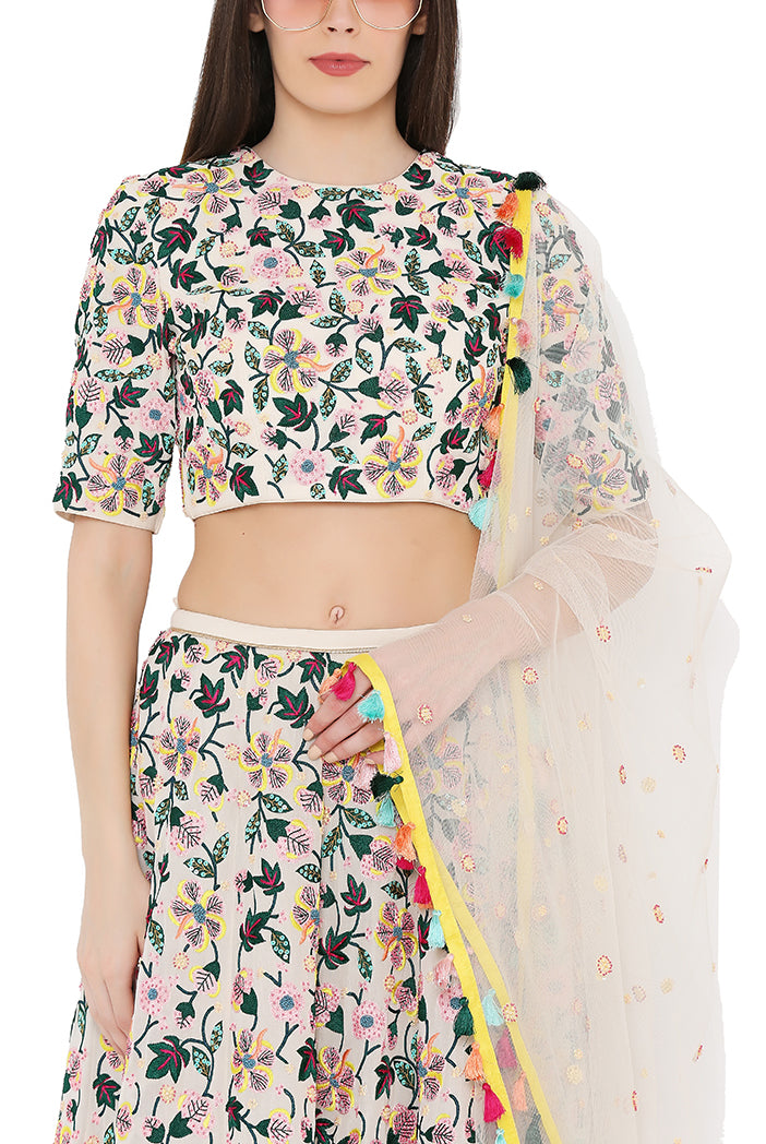 White Colorful Embroidered Lehenga