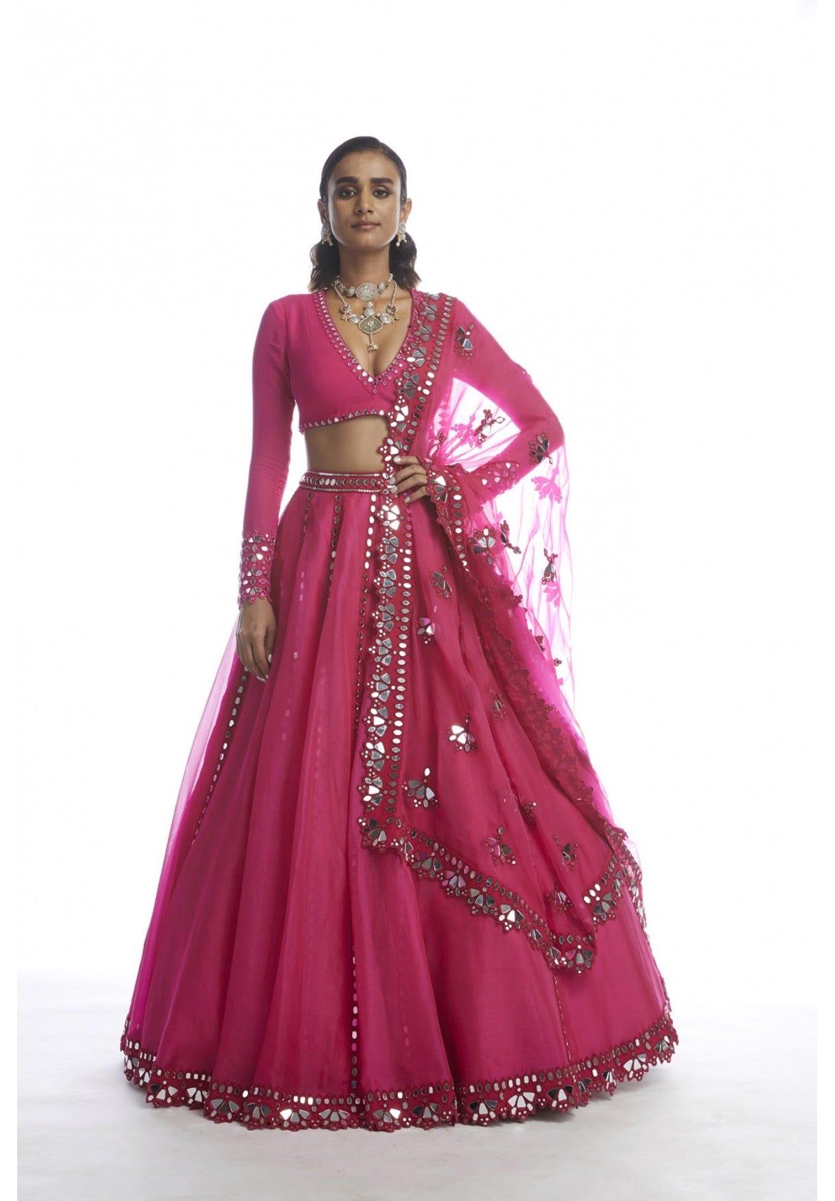 Peacock Pink Mirror Cut-Work Lehenga Set