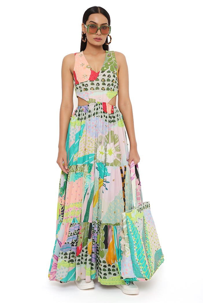 EMMA TROPICAL PRINT GEORGETTE EMBROIDERED CUT OUT DRESS 0 / Regular EMMA TROPICAL PRINT GEORGETTE EMBROIDERED CUT OUT DRESS 0 / Regular