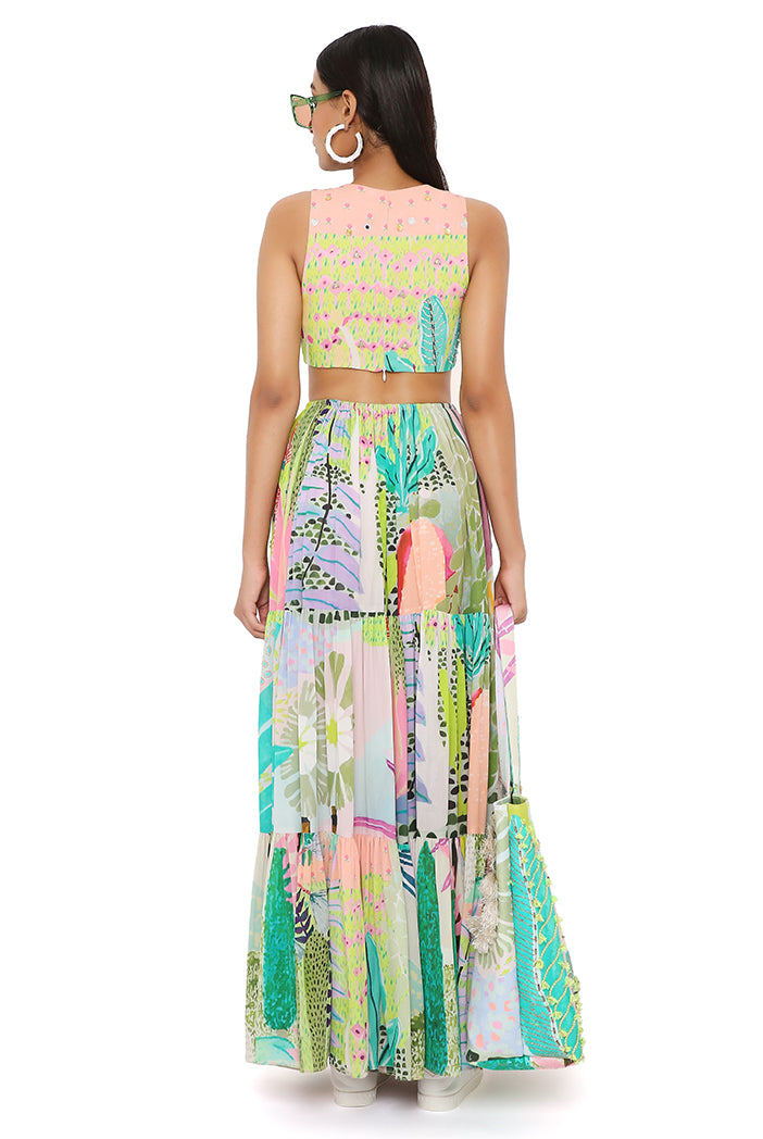 EMMA TROPICAL PRINT GEORGETTE EMBROIDERED CUT OUT DRESS