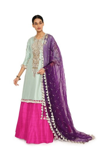 Eshma Powder Blue Colour Silk Embroidered Kurta With Pink Lehenga And Purple Organza Dupatta