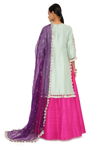 Eshma Powder Blue Colour Silk Embroidered Kurta With Pink Lehenga And Purple Organza Dupatta