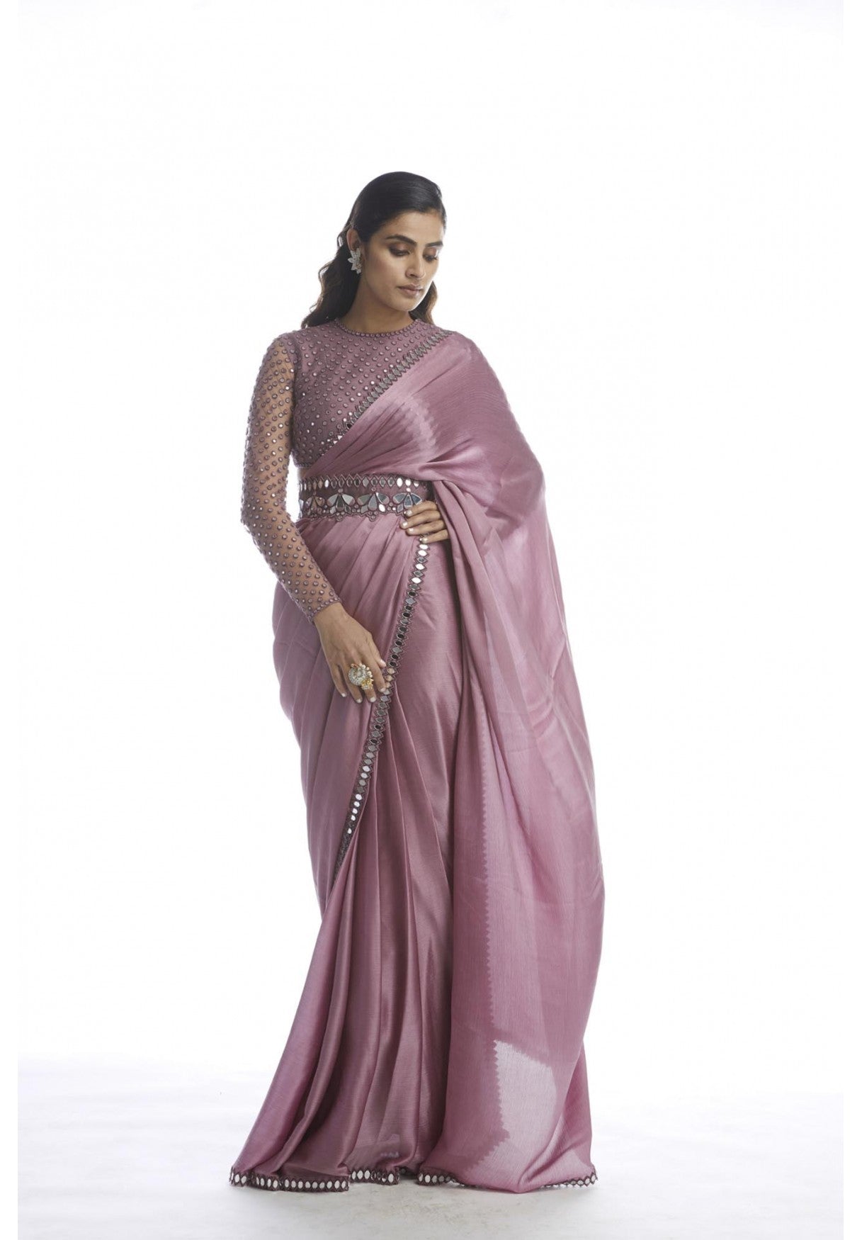 Old Rose Satin Chiffon Saree With Belt