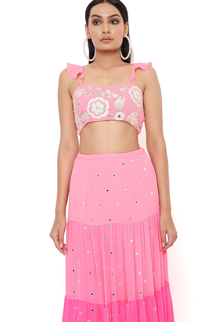 FLORENCE CORAL GEORGETTE EMBROIDERED TOP WITH CORAL AND PINK OMBRE SKIRT