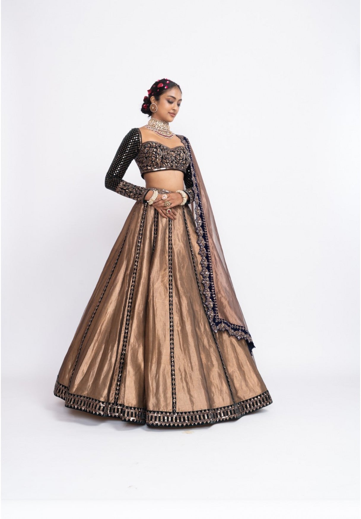 Deep Green Copper Tissue Lehenga Set