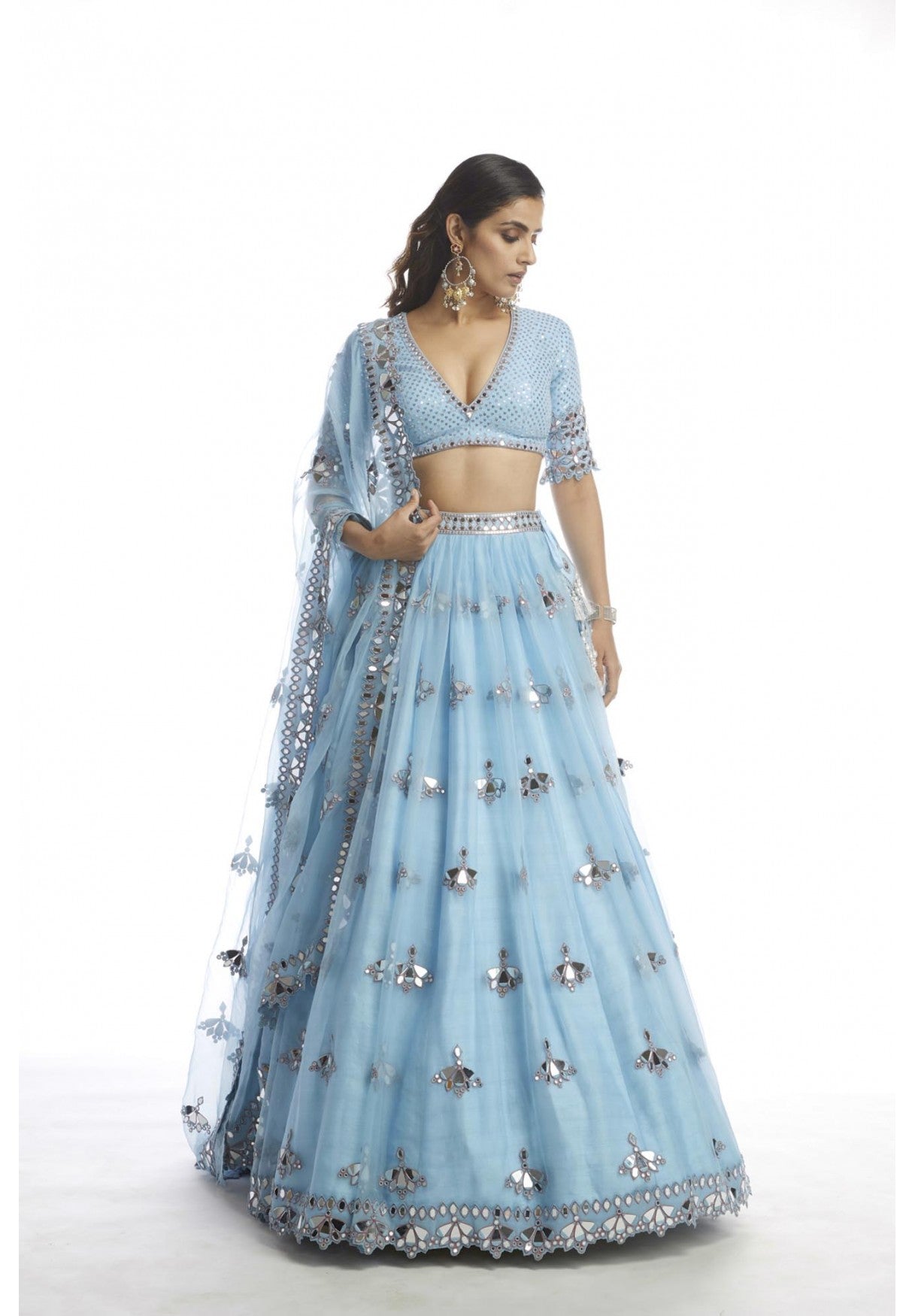 Ice Blue Knife Pleated Mirror Lehanga
