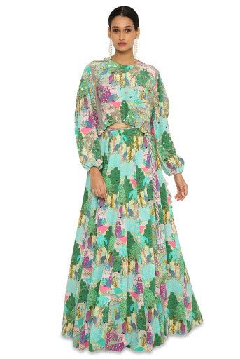 GISELLE GREY COLOUR KUNO PRINT EMBROIDERED DRAWSTRING TOP WITH LEHENGA