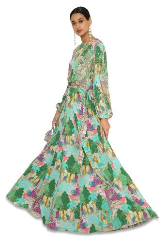 GISELLE GREY COLOUR KUNO PRINT EMBROIDERED DRAWSTRING TOP WITH LEHENGA