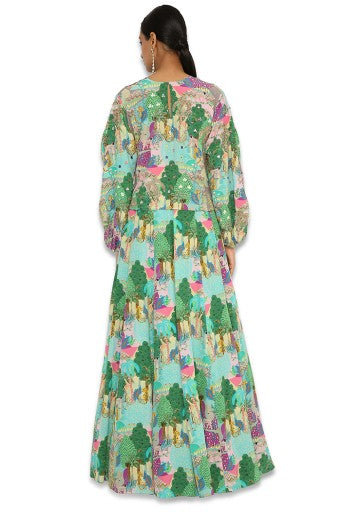 GISELLE GREY COLOUR KUNO PRINT EMBROIDERED DRAWSTRING TOP WITH LEHENGA