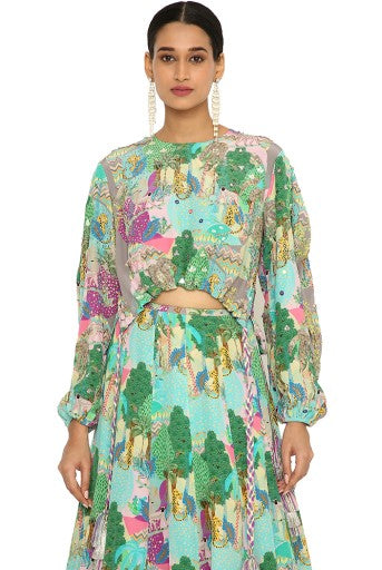 GISELLE GREY COLOUR KUNO PRINT EMBROIDERED DRAWSTRING TOP WITH LEHENGA