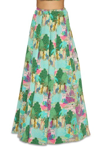 GISELLE GREY COLOUR KUNO PRINT EMBROIDERED DRAWSTRING TOP WITH LEHENGA