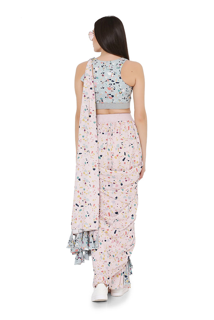 PRINTED GREEN & PINK STITCHED SAREE