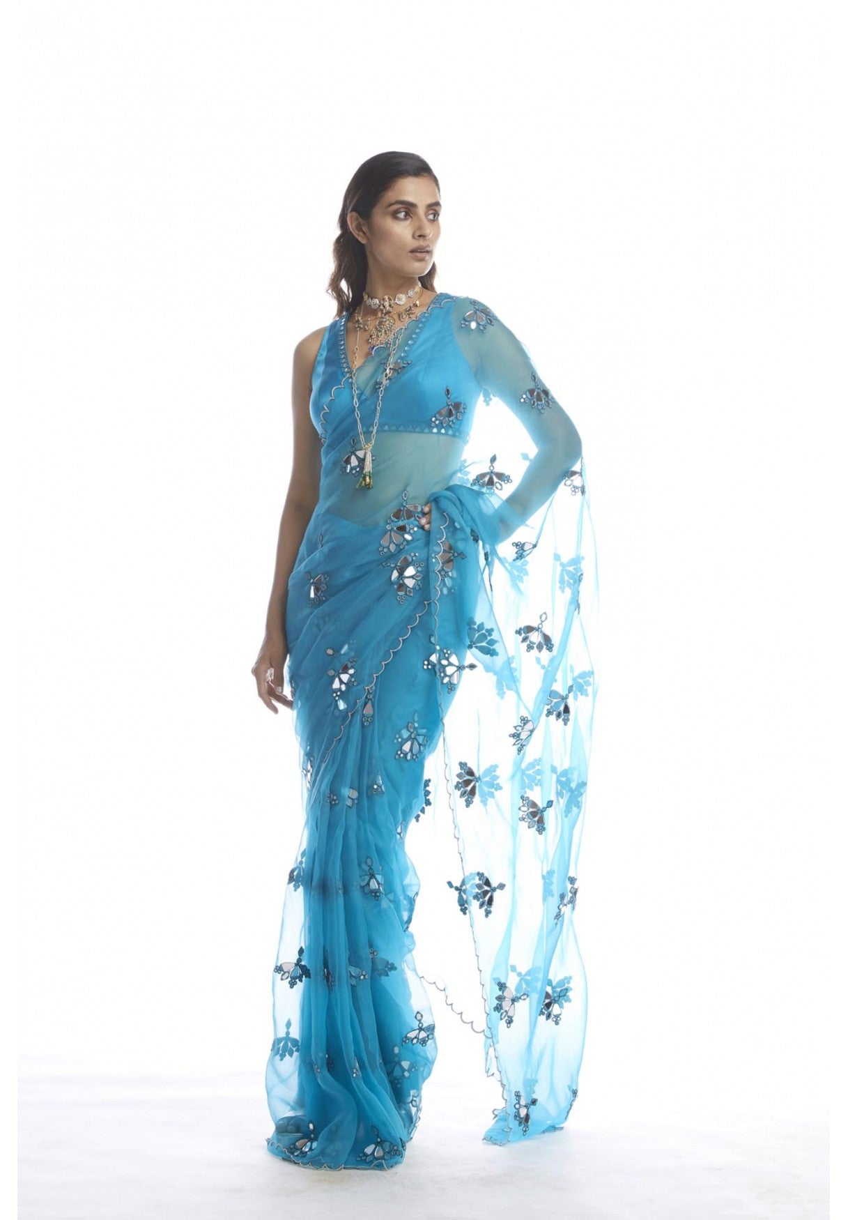 Turquoise Blue Mirror Cut Work Saree