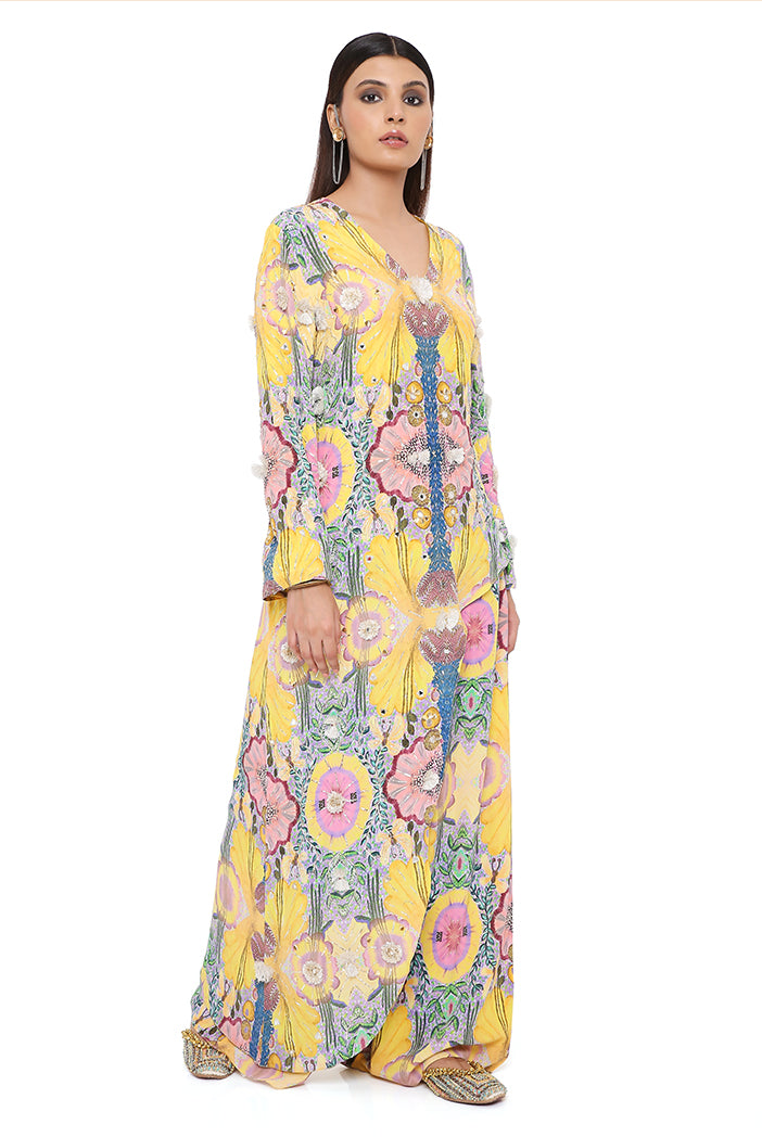 HELEN YELLOW ENCHANTED PRINT CREPE EMBROIDERED KURTA WITH CROPPED PALAZZO