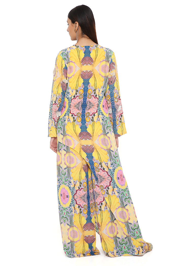 HELEN YELLOW ENCHANTED PRINT CREPE EMBROIDERED KURTA WITH CROPPED PALAZZO